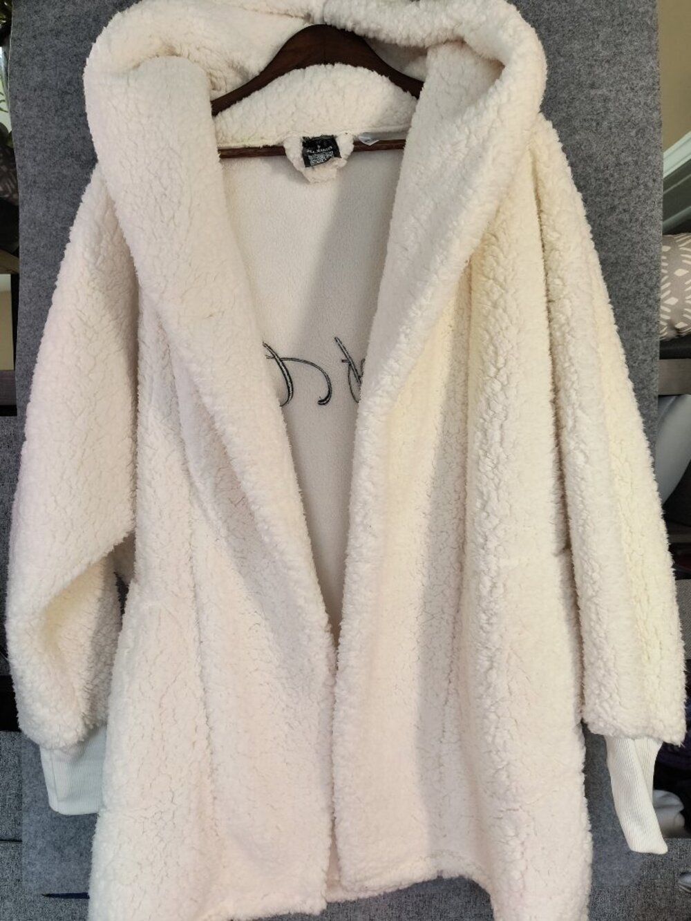 Jill Martin Hooded Teddy Sherpa Open Front Cardigan “Out of Office” with pockets